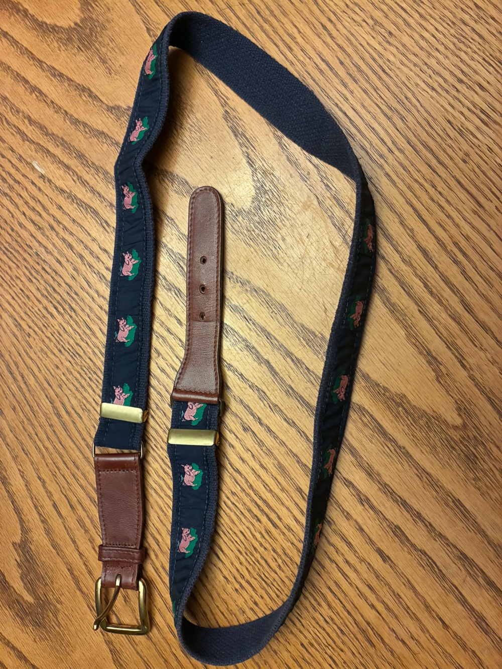 Navy Blue Men's Embroidered Pig Pattern Belt with Brown Leather Accents